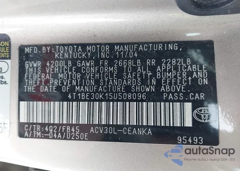 2005 Toyota Camry Le from USA, damaged, VIN 4T1BE30K15U508096